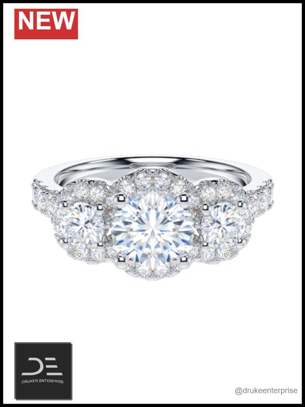 Sterling Silver Moissanite Three Stone Halo Promise Ring 1 Carat